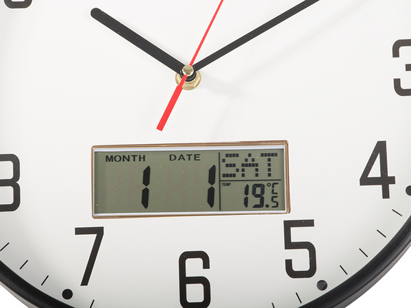 Horloge murale grand silencieux 30cm aiguille ronde date température bois