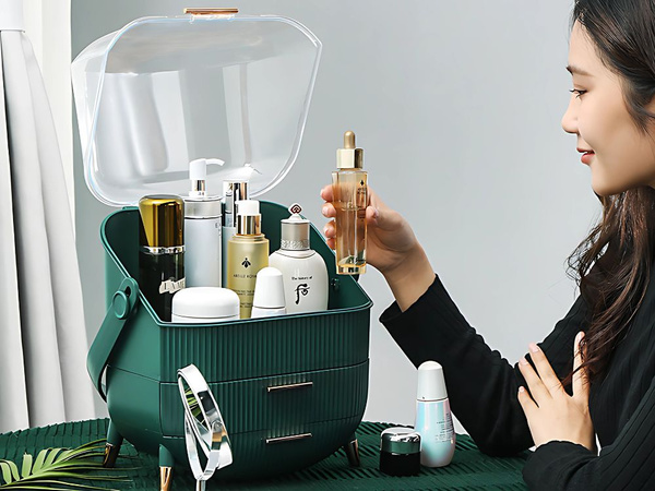 Organizador de cosméticos con cajones espacioso asa grande elegante