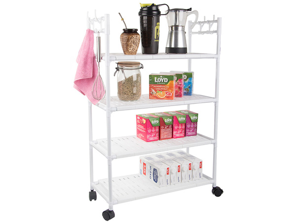 Bathroom shelf kitchen cabinet mobile shelving unit on wheels 4 levels hooks