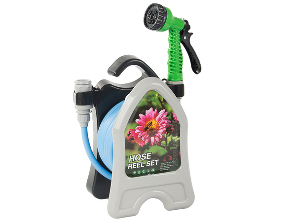 Tuyau d'arrosage de jardin sur pied avec pistolet enroulé 10m