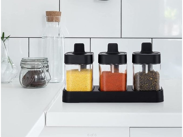 Glass spice containers with food spoon set of 3 pieces