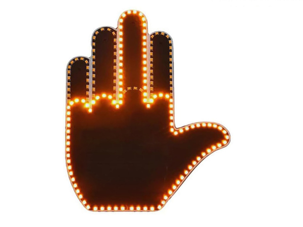 Gesture signalling hand on the rear window of a car middle finger led remote control