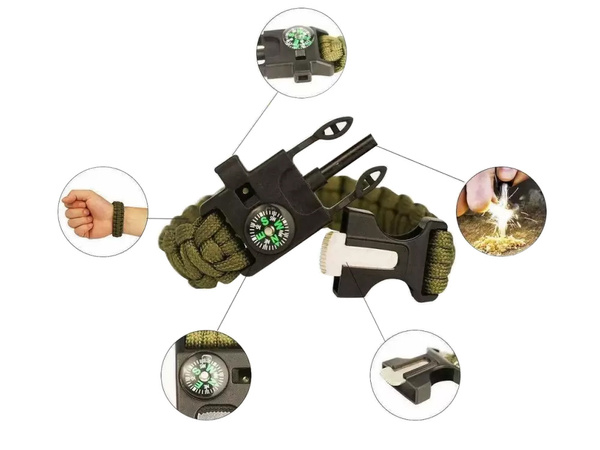 ARMBAND SURVIVAL-ARMBAND 5IN1 KOMPASS FEUERSTEIN SEIL MESSER PARACORD SEIL