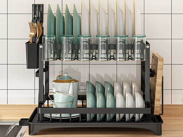 Lave-vaisselle séchoir assiettes couverts tasses égouttoir à deux niveaux avec plateau