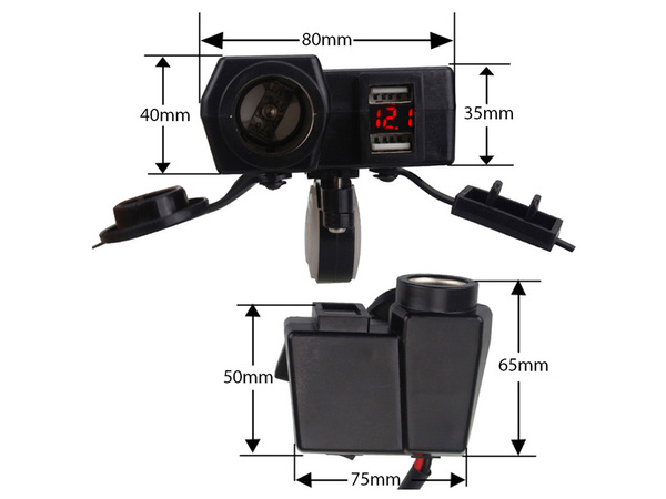 Zásuvka zapaľovača cigariet motocyklový voltmeter 2x usb