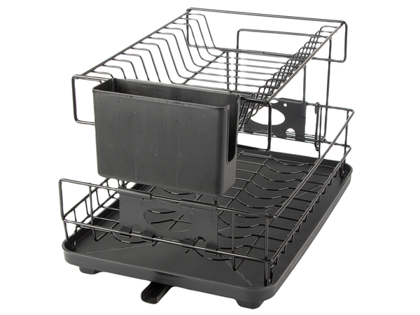 Two-level dish dryer for plates, cutlery and cups with drip tray