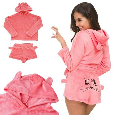 Pyjama chaud pour femmes deux pièces avec capuche en peluche douce short l