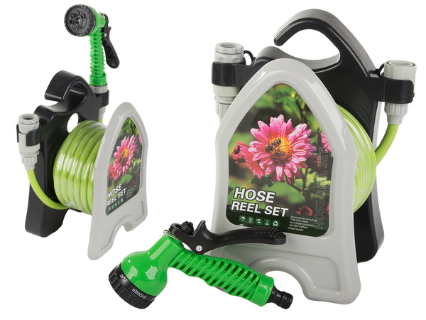 Tuyau d'arrosage de jardin sur pied avec pistolet enroulé 10m