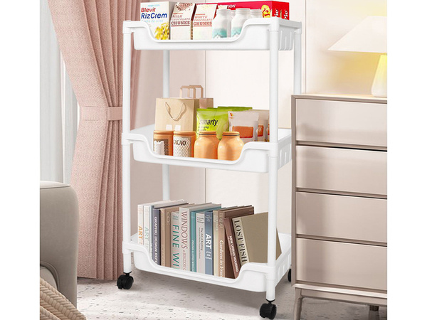 Bathroom shelf kitchen cabinet mobile bookcase on wheels 3 levels hooks