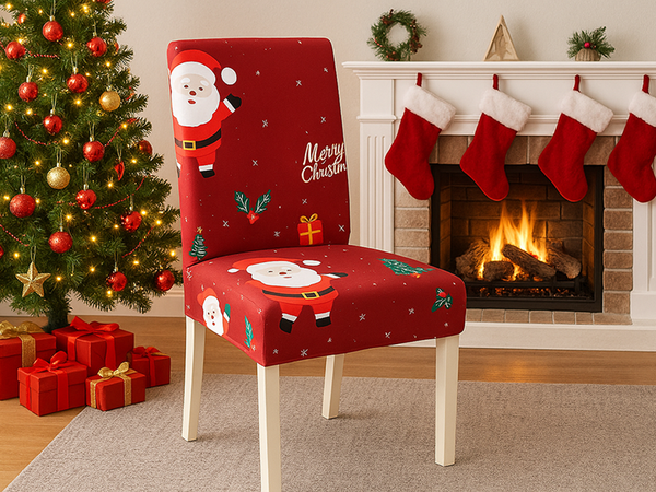 Vánoční potah na židli dekorativní univerzální Santa Claus na gumičku