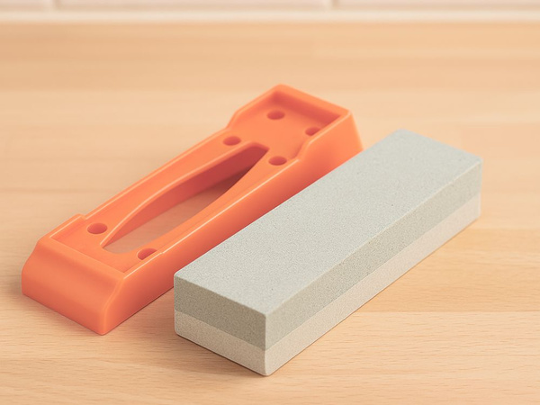 Stone sharpener for knives and scissors, double-sided, rectangular, on a base