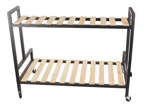 Dřevěný záhon pro hrnkové květiny dvoupatrový regál na kolečkách terasa