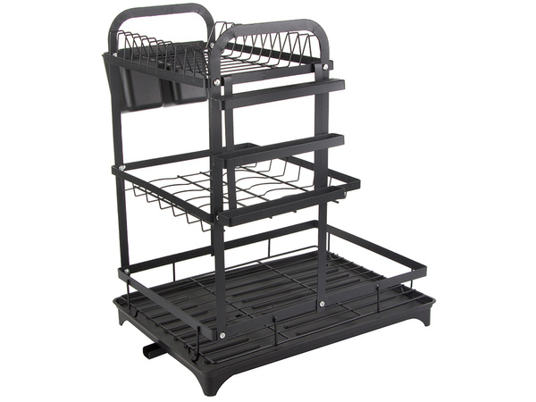 Dviem lygiu diskinis indų džiovintuvas, skirtas plokščioms, stalo įrankiams ir puodeliams, su nuotekų dėžute