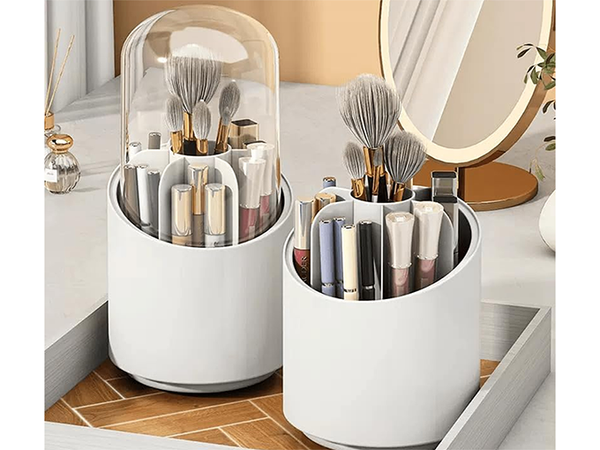 Cosmetics organiser swivel make-up brush holder with lid