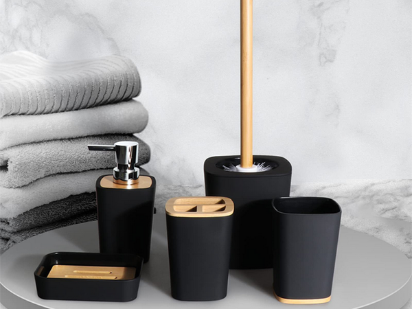 Bathroom set bathroom brush toilet soap dispenser bamboo bin 5