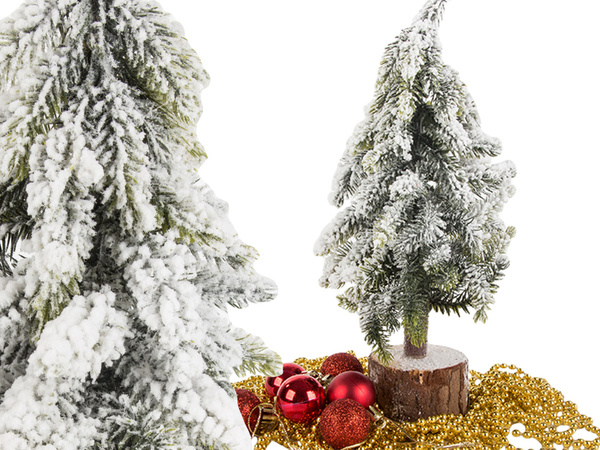 Arbre de noël artificiel neige petit bureau décoratif sur tronc épais enneigé