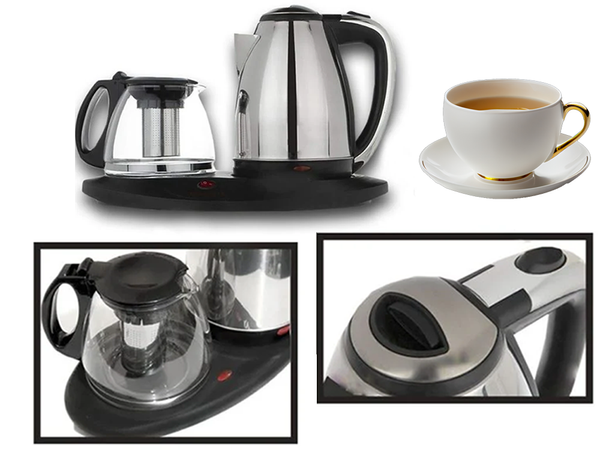 Electric kettle tea brewer set with heated base