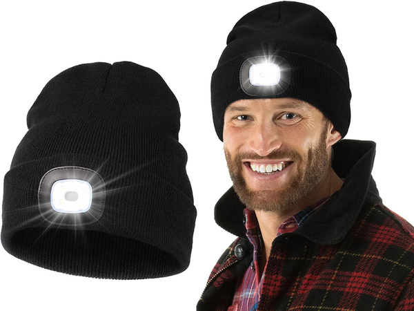 HERBST WINTER MÜTZE MIT LED TASCHENLAMPE SCHWARZ USB 3 LICHTMODI