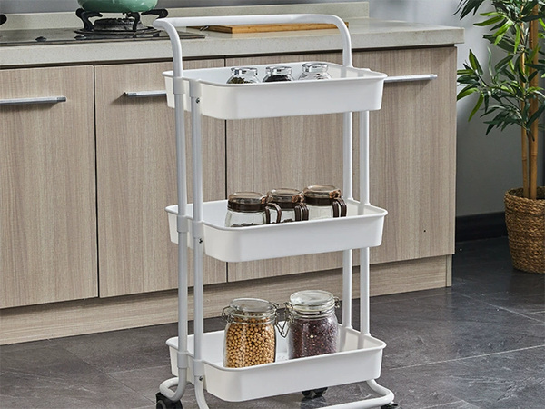 Vonios lentynė virtuvės spintelė mobilus stelažas su ratukais 3 lygiai balta