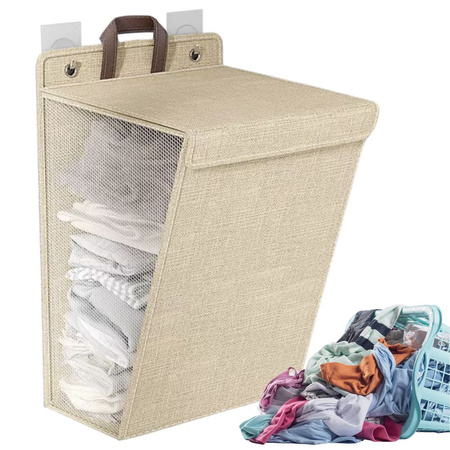 Folding laundry basket for bathroom laundry room wall door beige