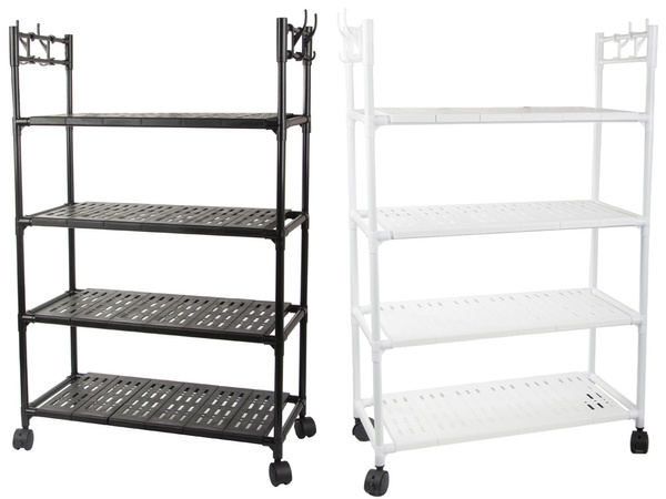 Bathroom shelf kitchen cabinet mobile shelving unit on wheels 4 levels hooks