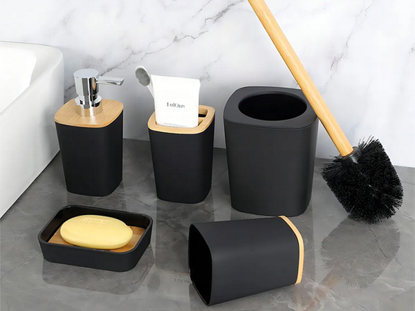 Set de baño cepillo de baño wc dispensador de jabón cestilla de bambú 5
