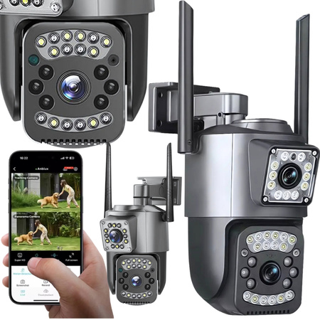 Cameră cu două obiective, Wi-Fi, pentru exterior, rotativă, cu detector de mișcare, IP, 4G