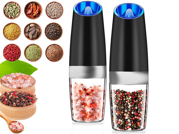 Molinillo eléctrico de pimienta y sal gravitatorio con iluminación interna y regulación
