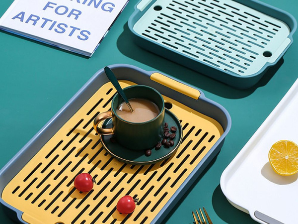 Two-layer kitchen tray with drain for dishes, vegetables, fruit, plastic