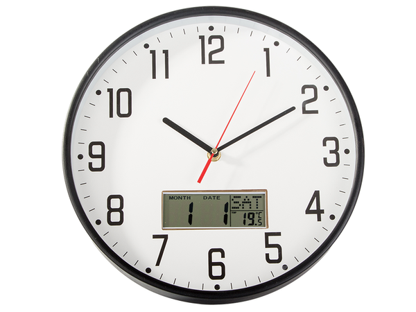 Sienas pulkstenis liels kluss 30cm apaļš rādītājs datums temperatūra koksne