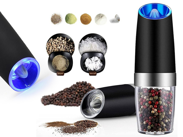 Electric gravity pepper and salt mill with lighting and adjustment