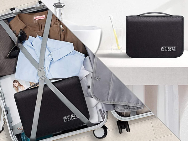 Travel cosmetics bag, hanging organiser for the bathroom, with zip, hook and handle
