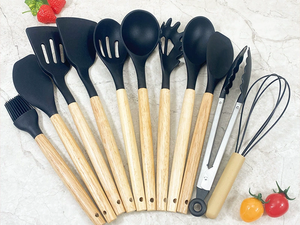 Silicone kitchen utensil set wooden accessories spoons 12 pieces