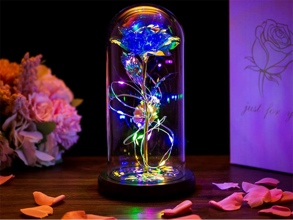 Ewige rose im glas geschenk führte leuchtend blaues glas für frauentag