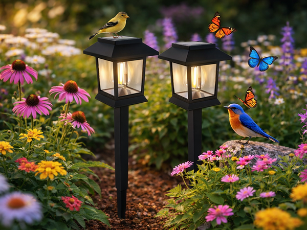 2 x SOLAR LAMP WITH TWILIGHT AND MOTION SENSOR, WATERPROOF, DECORATIVE