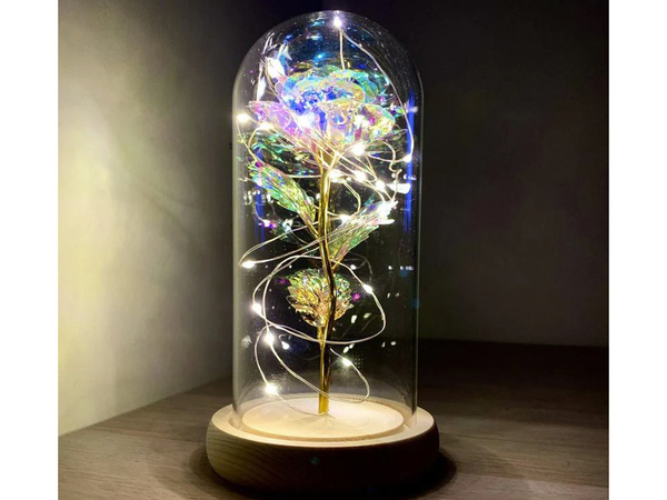 Věčná růže ve skleněném dárkovém led svítícím boxu skleněný dřevěný podstavec.