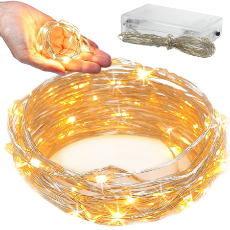 Wire lights 100 leds with batteries 10m white warm
