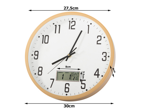 Zegar ścienny duży cichy 30cm okrągły wskazówkowy data temperatura sekundy