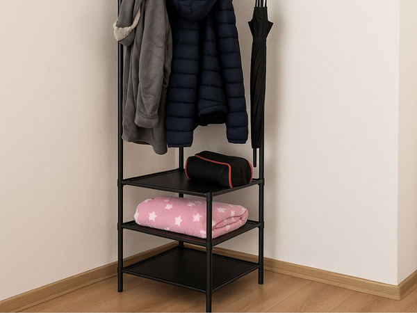 Cintre d'angle sur pied pour vêtements avec étagères pour chaussures armoire métallique