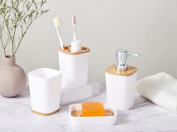Set de baie perie de toaletă dispenser de săpun coș de bambus 5