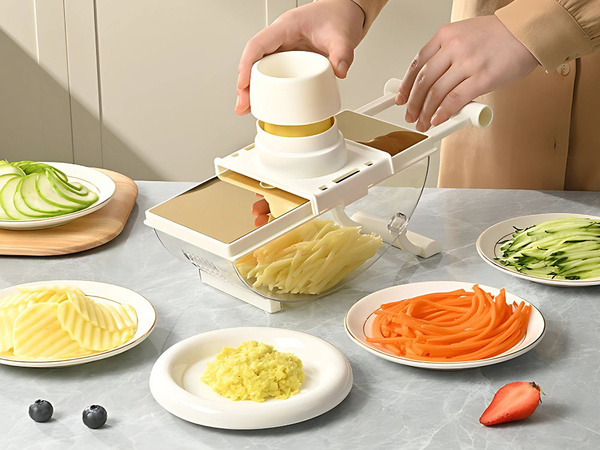 Hand-operated vegetable grater, multifunctional slicer with 6 blades