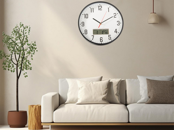 Horloge murale grand silencieux 30cm aiguille ronde date température bois