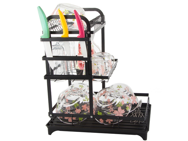 Dviem lygiu diskinis indų džiovintuvas, skirtas plokščioms, stalo įrankiams ir puodeliams, su nuotekų dėžute