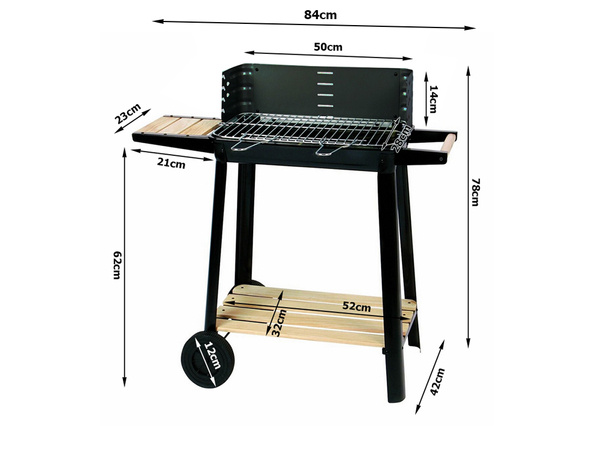 Kerti grill nagy faszén grillsütő állítható rostély polcok kerekek hordozható