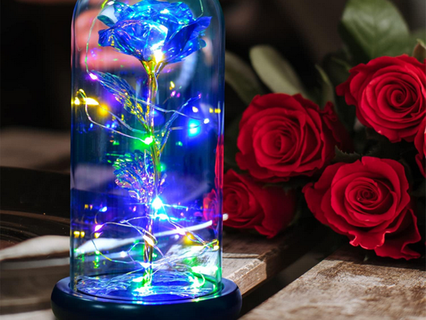 Wieczna róża w szkle prezent led świecąca niebieska szklana na dzień kobiet