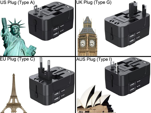 Adaptador conector uk usa eu aus universal 2x usb worldwide