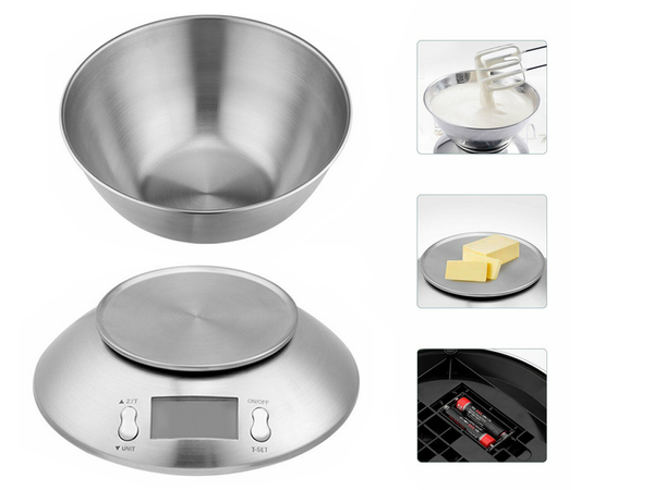 Balanza de cocina electrónica digital con bol 5kg lcd metal plateado