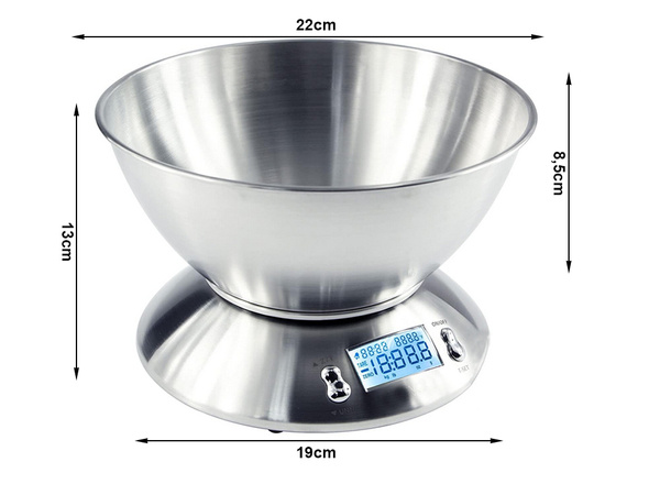 Balanza de cocina electrónica digital con bol 5kg lcd metal plateado