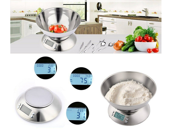 Balanza de cocina electrónica digital con bol 5kg lcd metal plateado