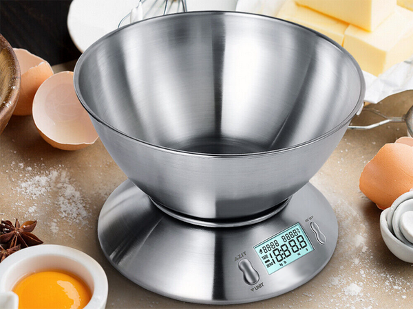 Balanza de cocina electrónica digital con bol 5kg lcd metal plateado